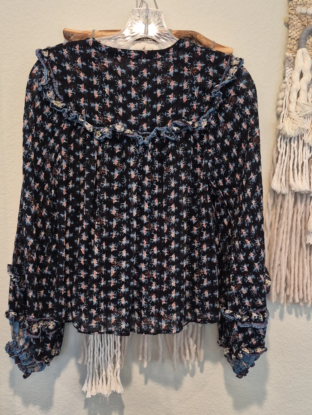 XS-M Free People Jenna Floral Ruffle Detail Cotton Blouse in Night Combo
